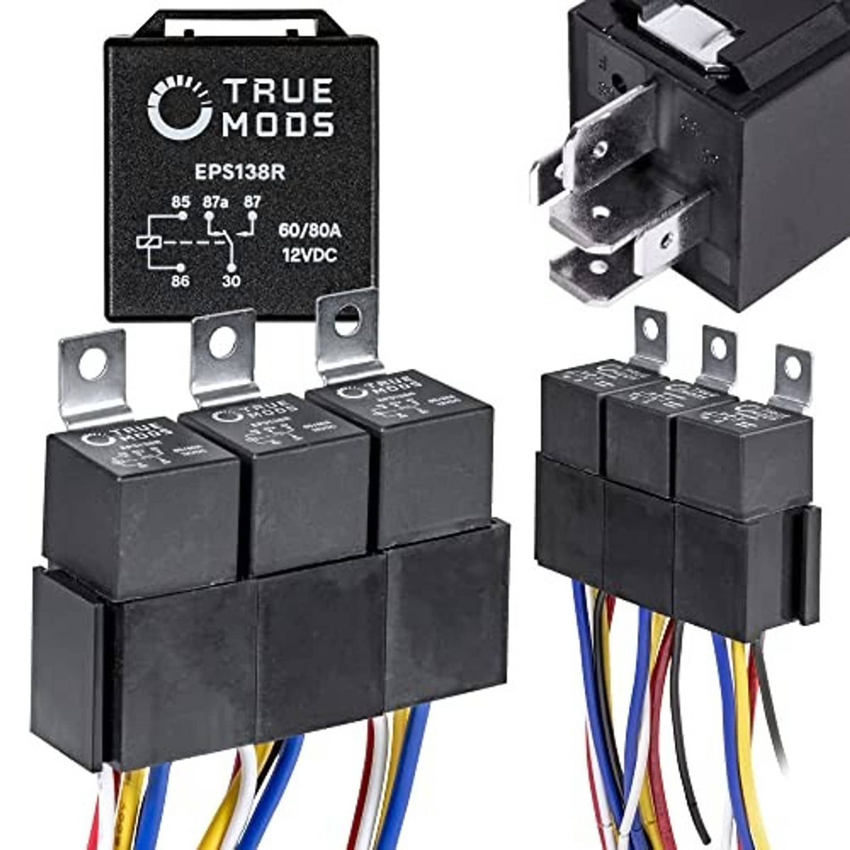 Bosch-style 5-pin 12V relay kit with black relays, metal tabs, and colored leads