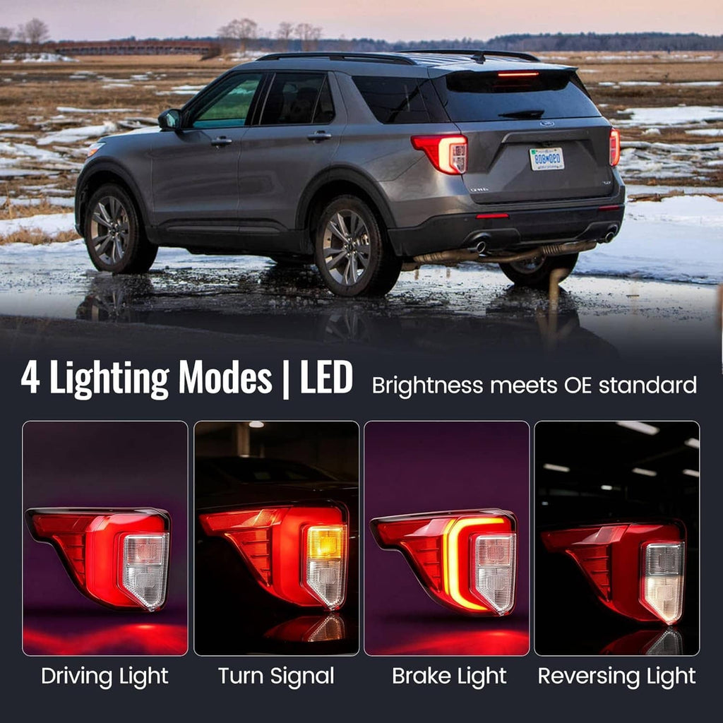 Rear vehicle taillight: red left side LED with clear lens in outdoor setting