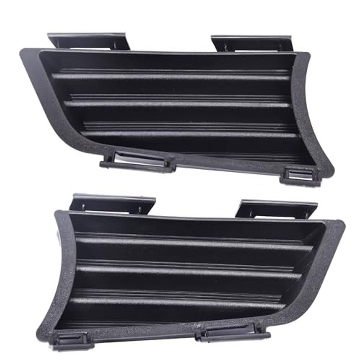 Set of black fog light grille covers with horizontal slat pattern and snap tabs