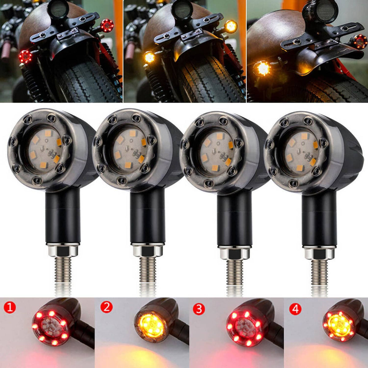 Motorcycle LED turn signal indicators shown on a bike handlebar mount with glowing lights