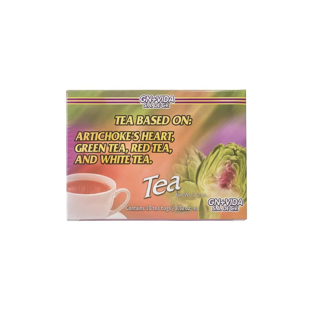 Artichoke tea box with cup graphic and tea blend text: artichoke, green, red, white