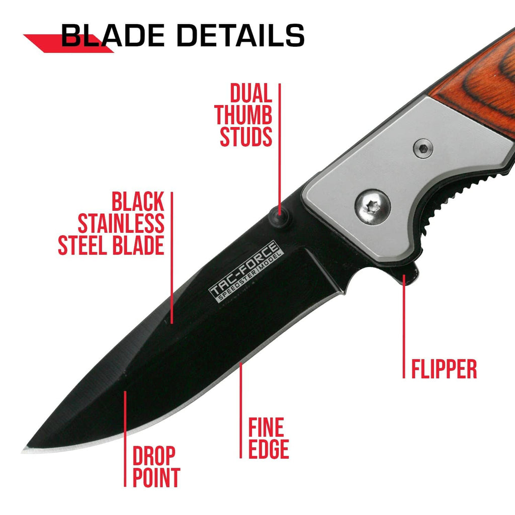 Tac-Force folding knife close-up, drop-point black blade with thumb studs
