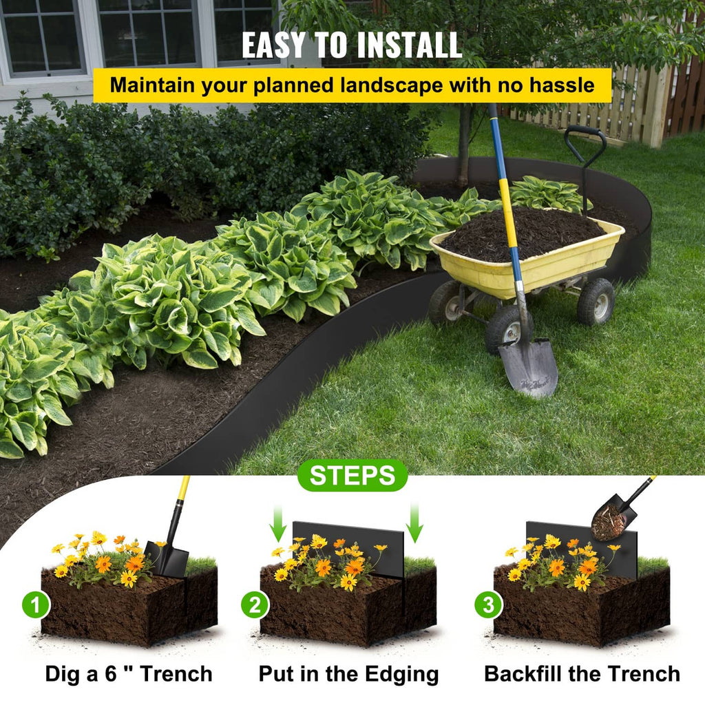 Black landscape edging strip installed along a garden bed edge with shovel
