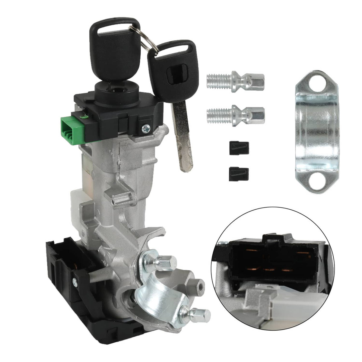 Ignition switch lock cylinder with two keys, black fob housings and silver housing