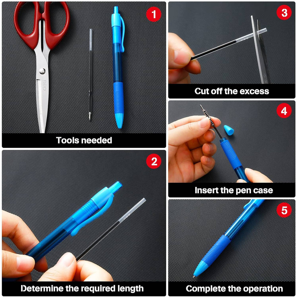 Ballpoint pen refill tools and blue refill; cutting and inserting steps shown