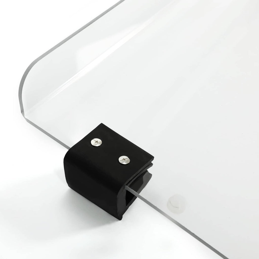Clear windshield corner with black clamp bracket and mounting hardware