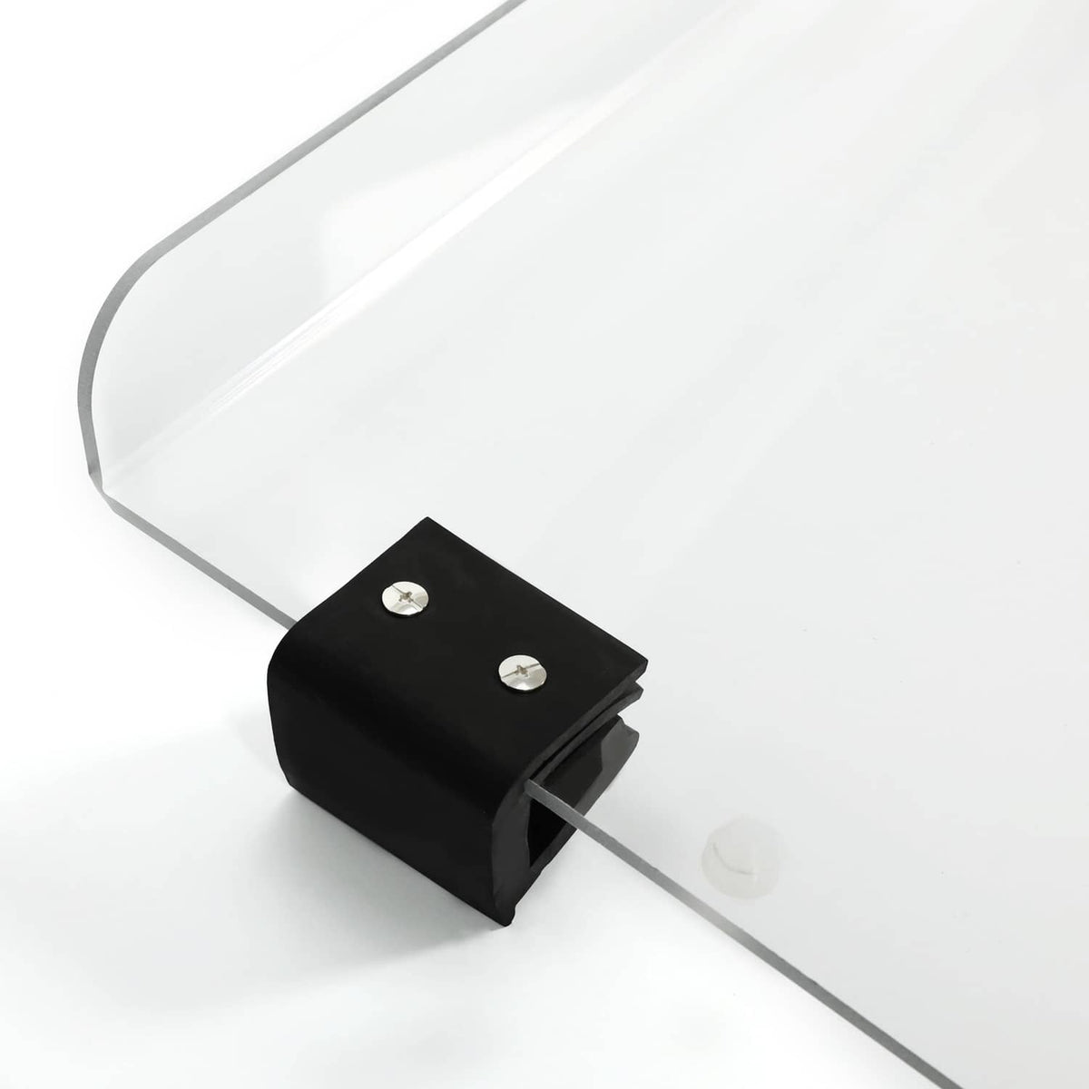 Clear windshield corner with black clamp bracket and mounting hardware