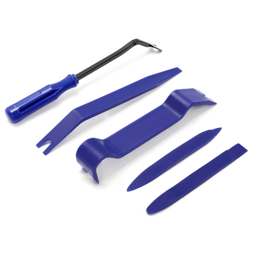 Car trim removal tool set with blue plastic pry clips and black metal hook tool