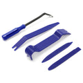 Car trim removal tool set with blue plastic pry clips and black metal hook tool