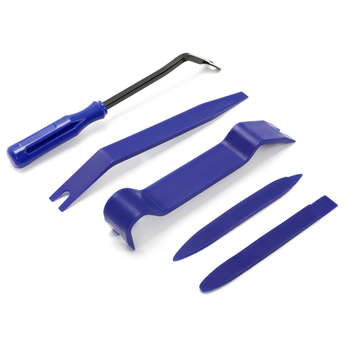 Car trim removal tool set with blue plastic pry clips and black metal hook tool