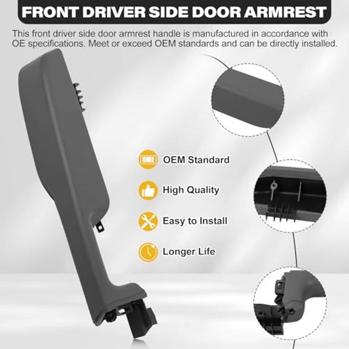 Gray door armrest handle with mounting base and installation prongs