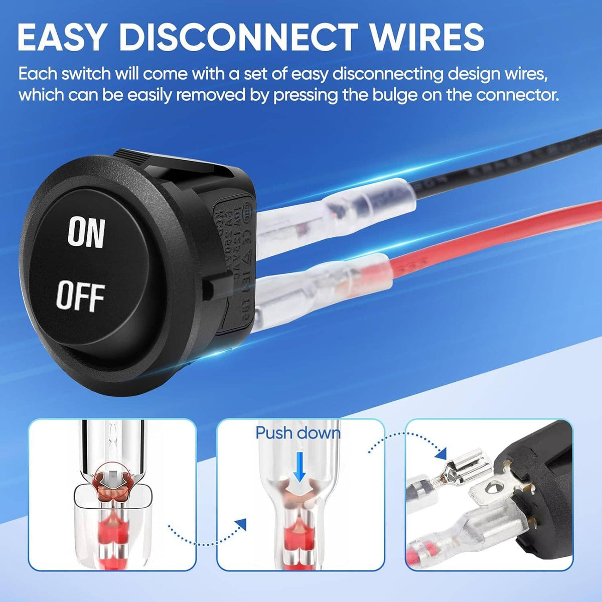 Black round ON/OFF rocker switch with two insulated wire leads
