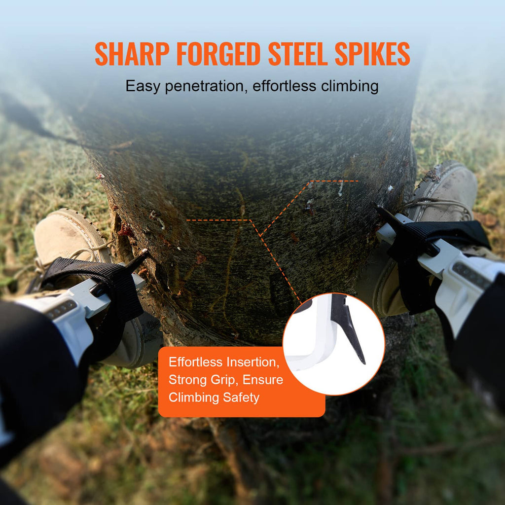 Tree climbing spur spike tips on metal leg frames with black strap details