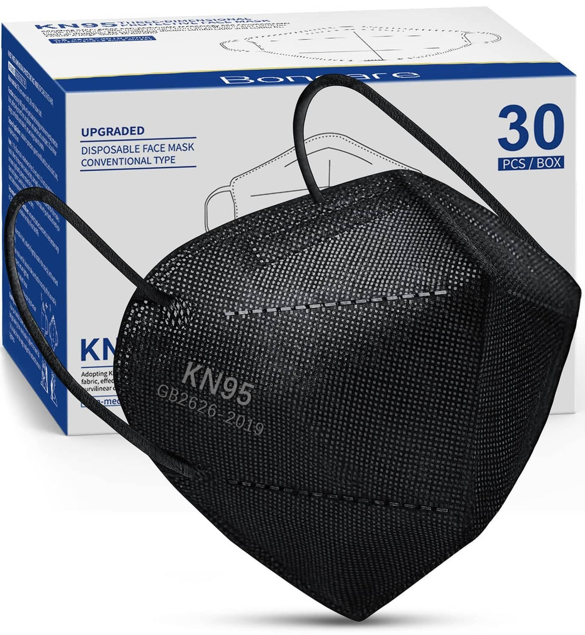 Boncare KN95 disposable face mask, black, with 30-count box packaging