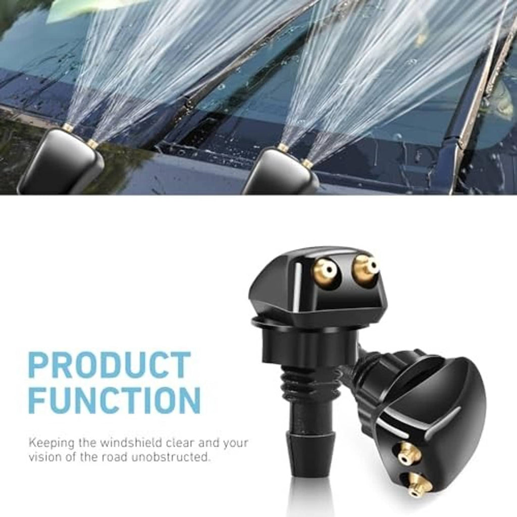 Windshield washer nozzle pair with dual brass outlets and visible spray stream