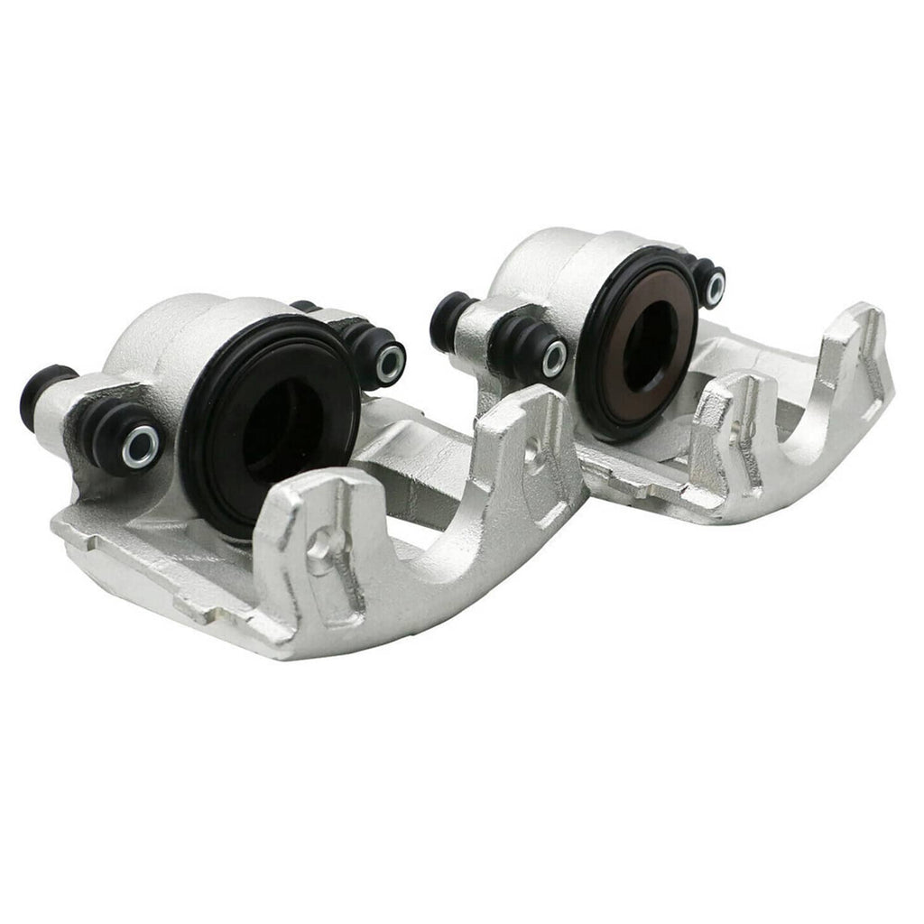Front brake caliper pair, silver with black rubber boots and round piston bores