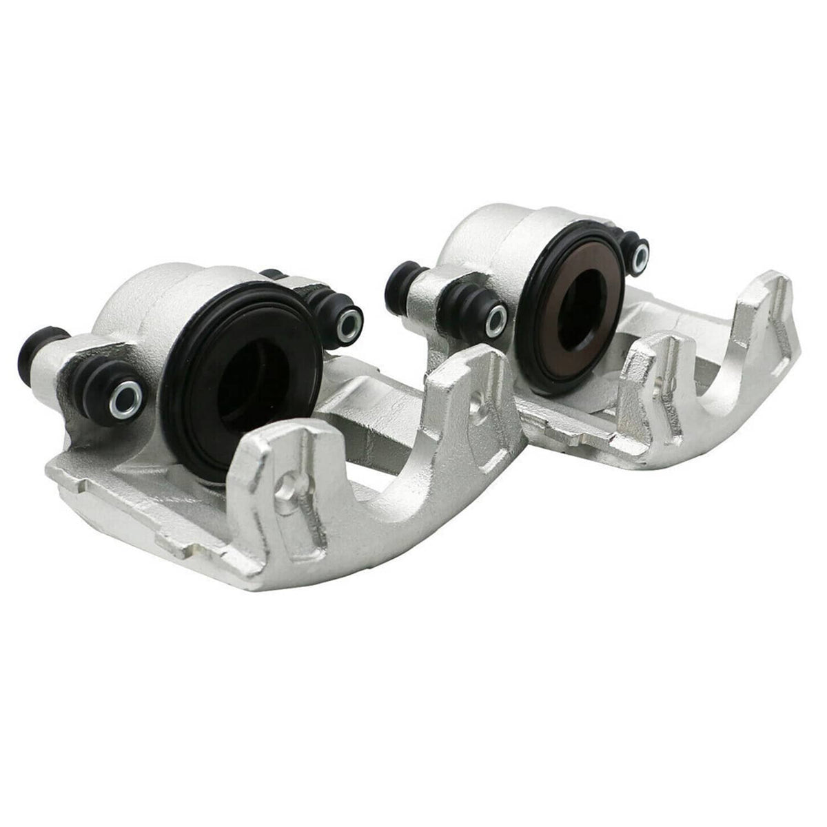 Front brake caliper pair, silver with black rubber boots and round piston bores