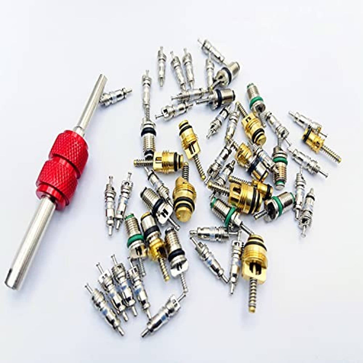 AC valve core kit with valve cores and valve core removal tool, red grip handle