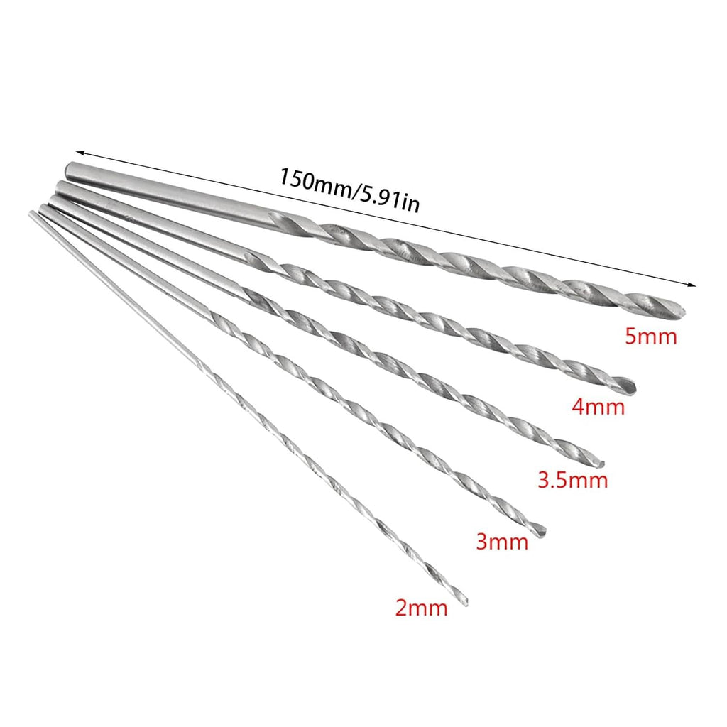 Long shank spiral twist drill bits laid out, different diameters shown
