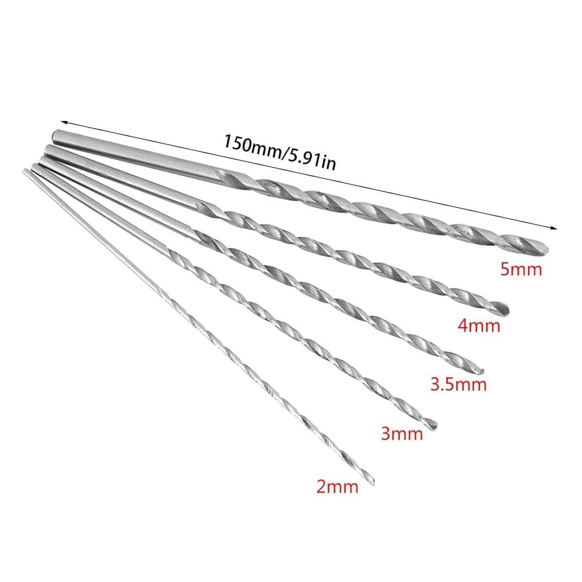 Long shank spiral twist drill bits laid out, different diameters shown