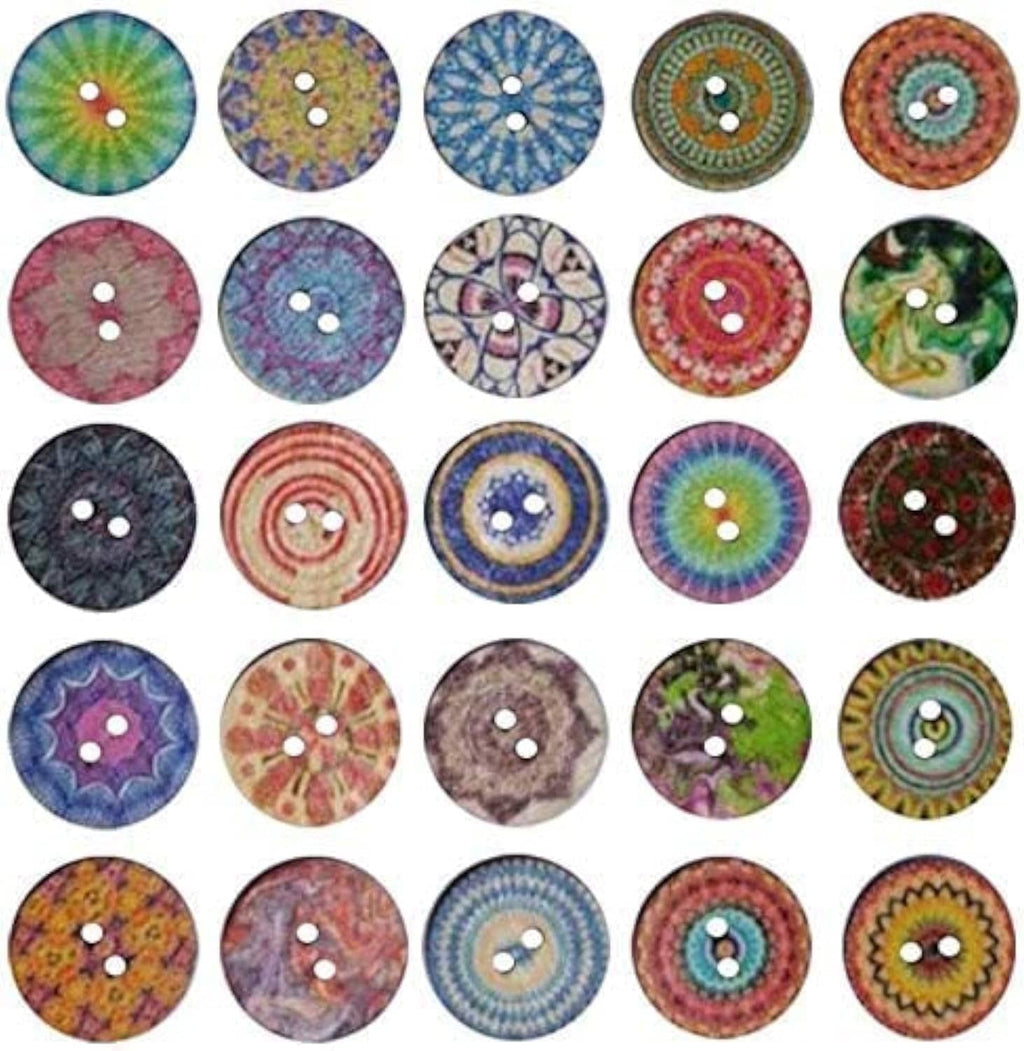 Assorted large round wood buttons in multicolor tie-dye style with 2-hole centers