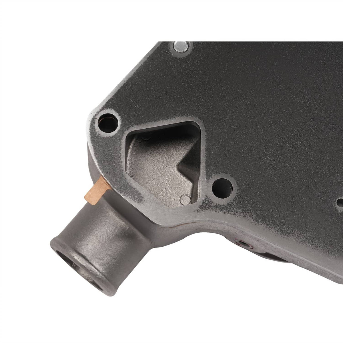 Water pump end cover with inlet port and black plate on gray cast metal body