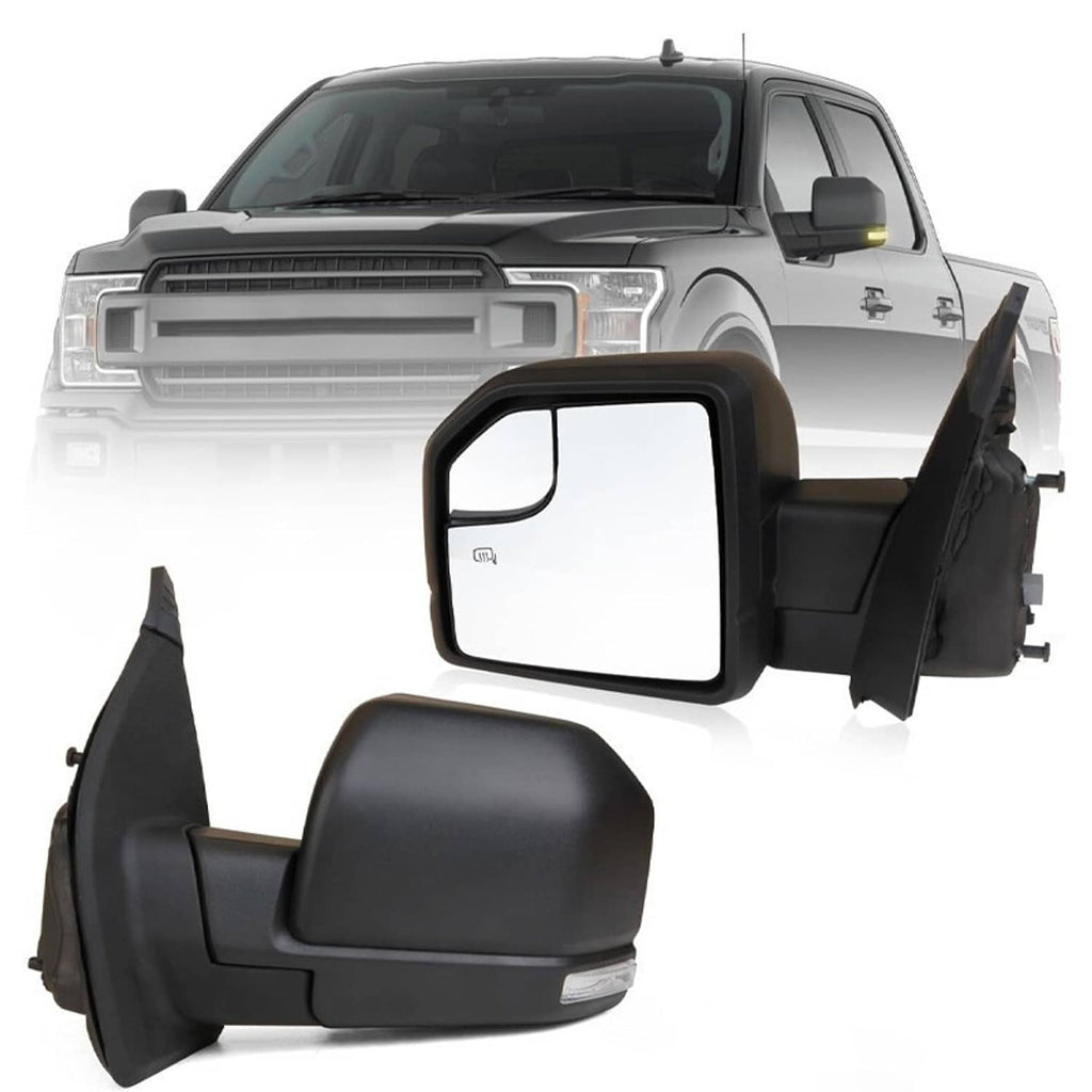 Passenger side towing mirror with white glass and black housing, replacement set