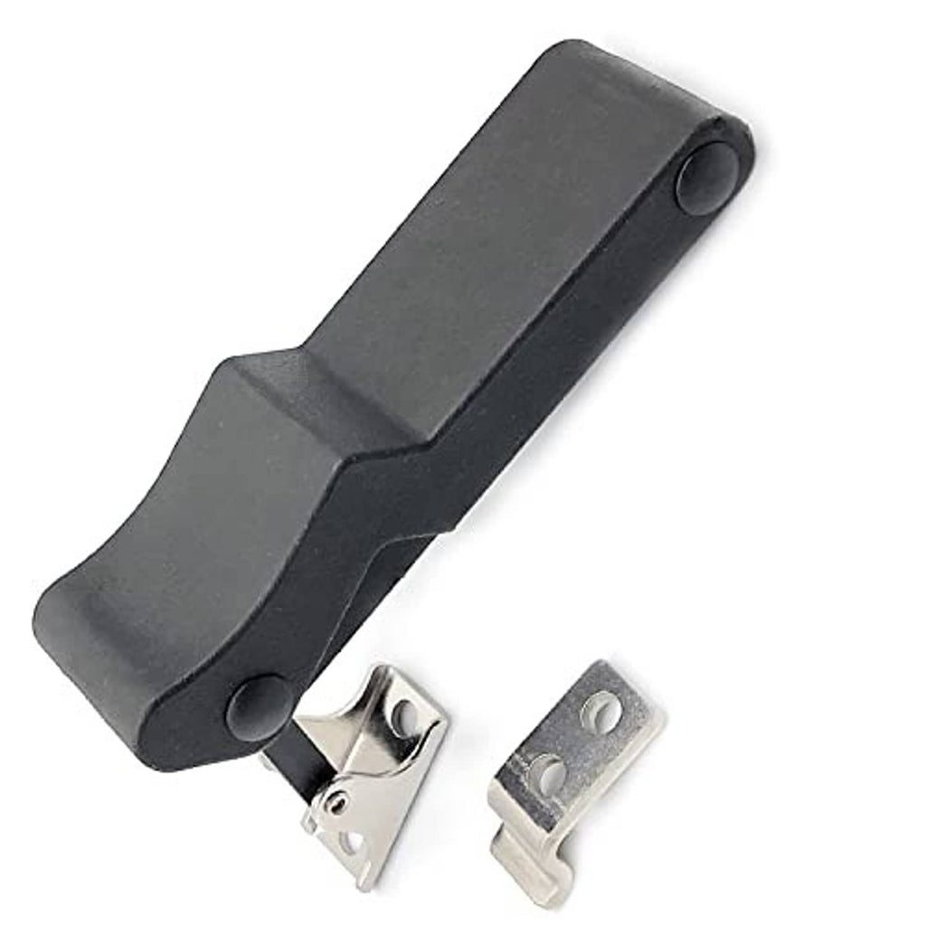 Rubber latch bracket with metal mount tab and pivot pin, dark gray/black