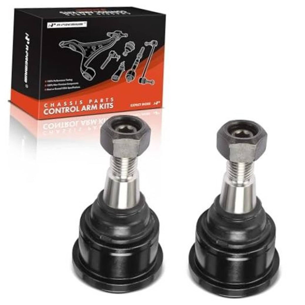 Pair of front upper ball joints with black rubber boots and threaded mounting studs