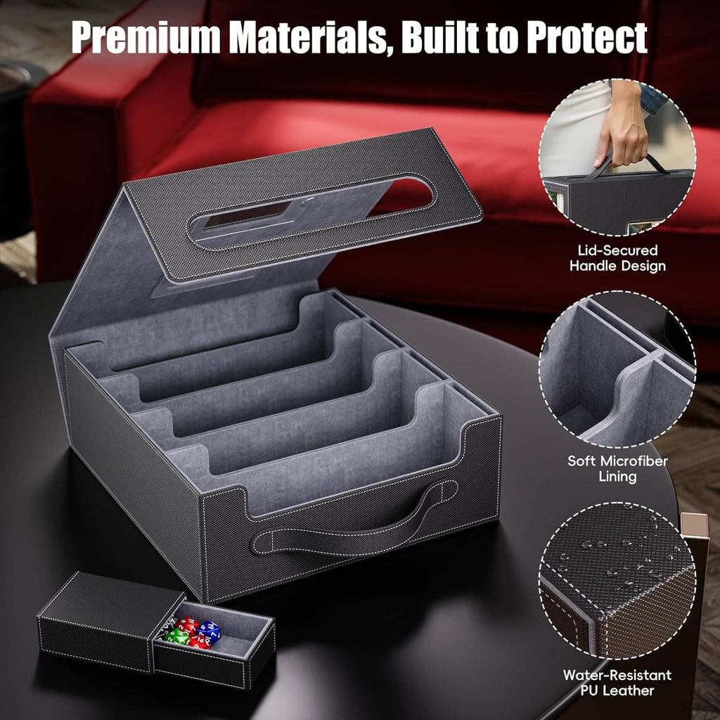 Gray card storage box with handle, open interior dividers, and soft microfiber lining.