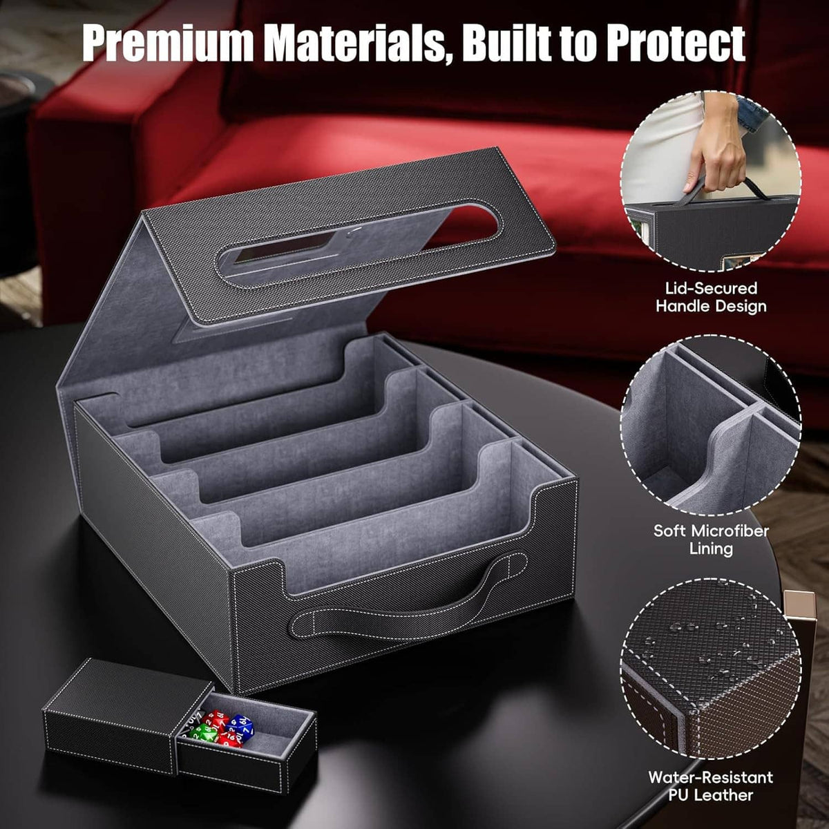 Gray card storage box with handle, open interior dividers, and soft microfiber lining.