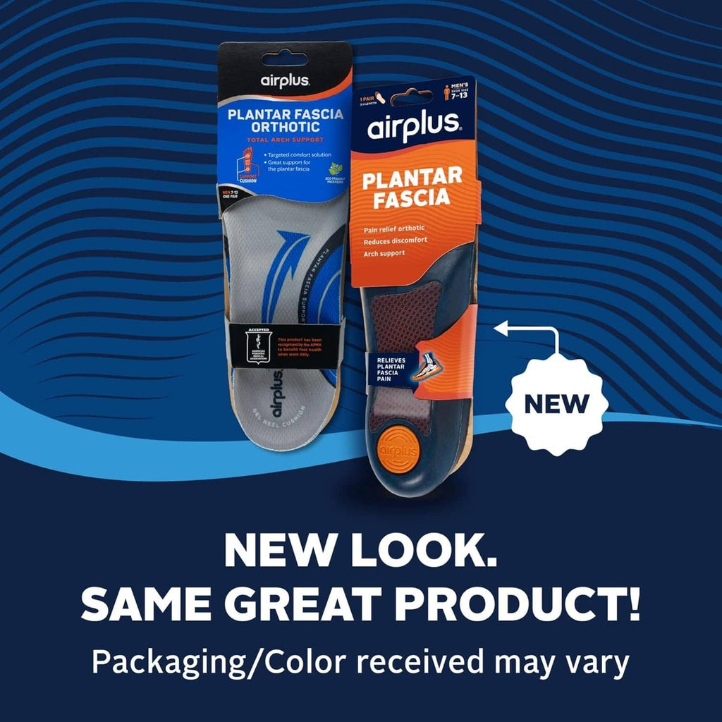 Blue plantar fascia orthotic insoles on display card, textured top and heel pad