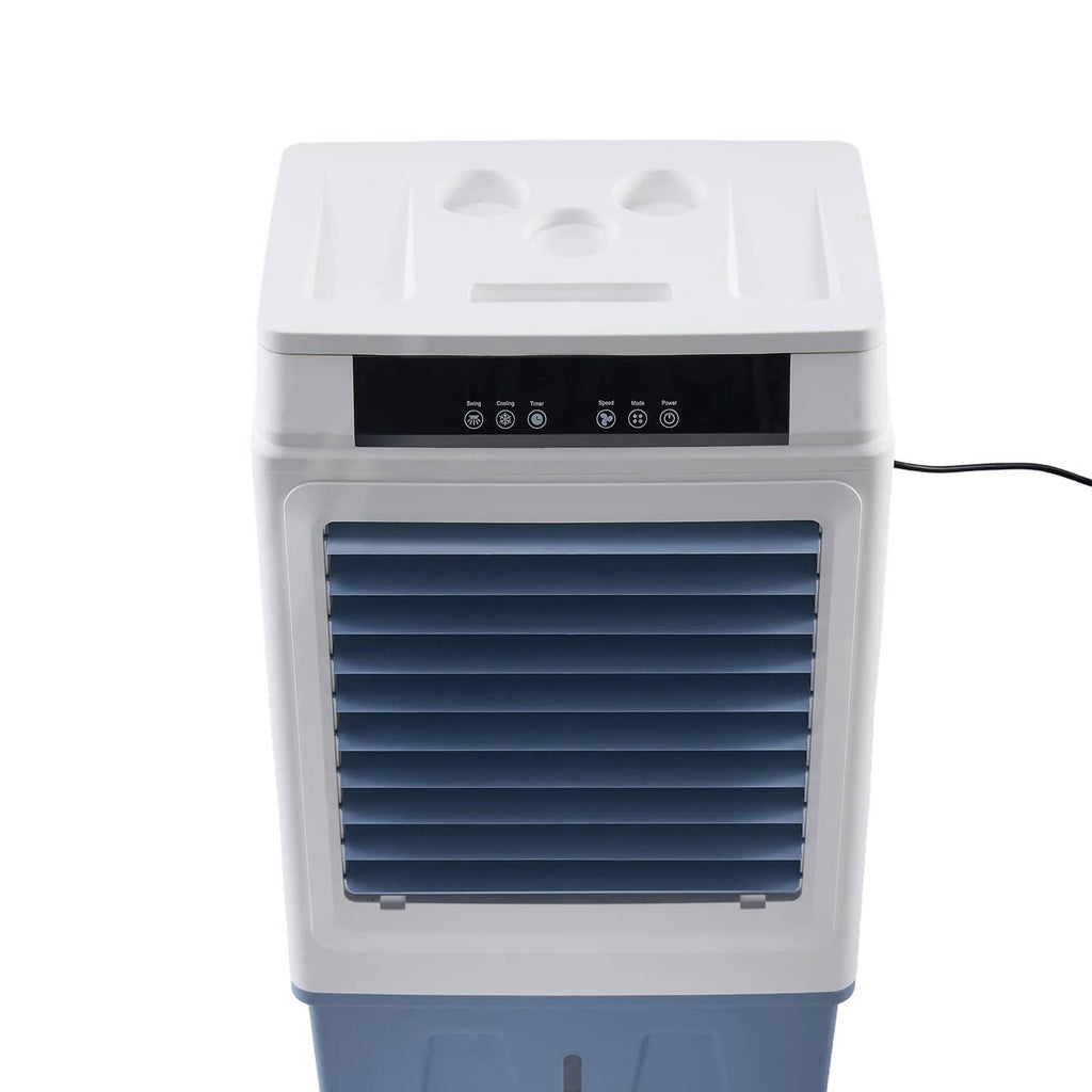 Top view of white evaporative cooler with front air intake grille and control panel