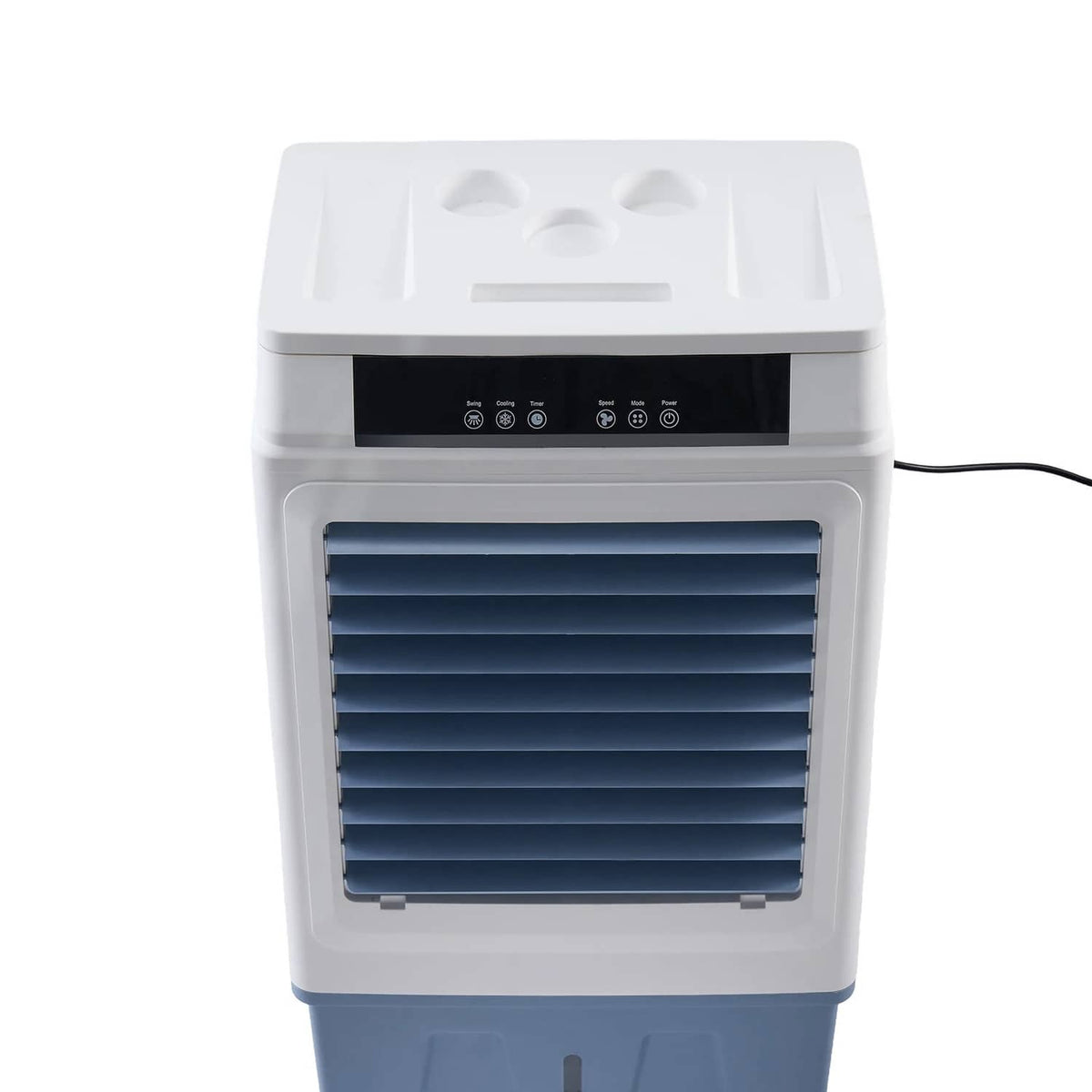 Top view of white evaporative cooler with front air intake grille and control panel