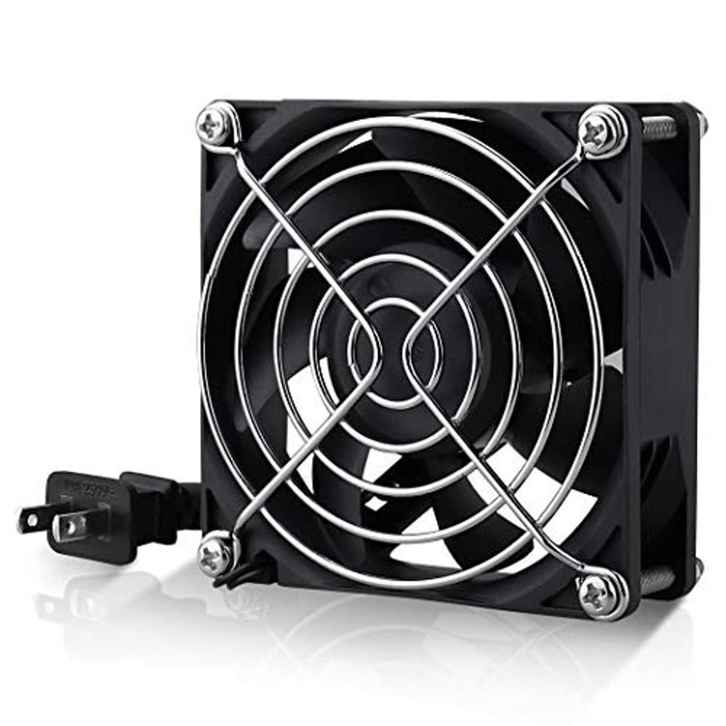 80mm axial cooling fan front view, black blades with silver metal grille