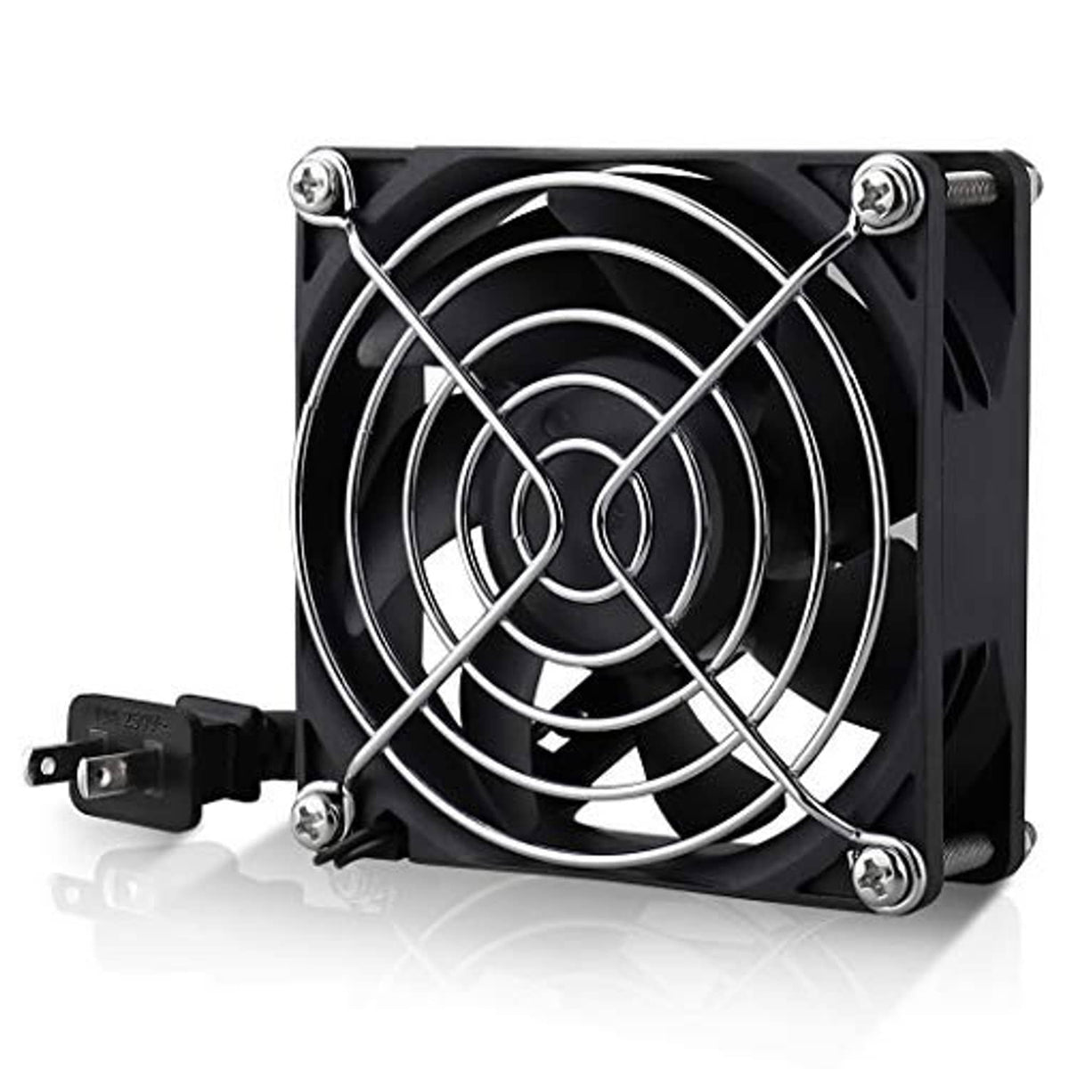 80mm axial cooling fan front view, black blades with silver metal grille