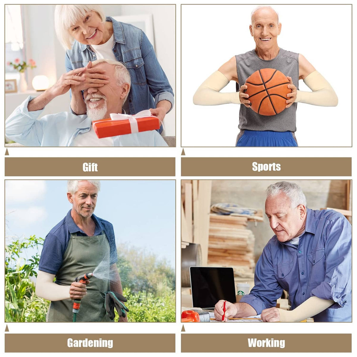 Beige protective arm sleeves worn by elderly person for daily activities