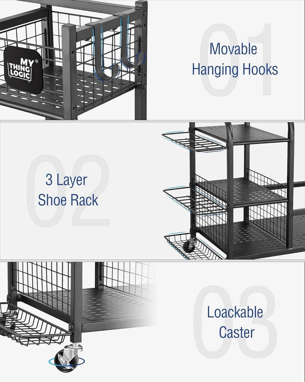 Golf storage rack with hanging hooks, 3-tier shoe shelf, and lockable caster wheels.