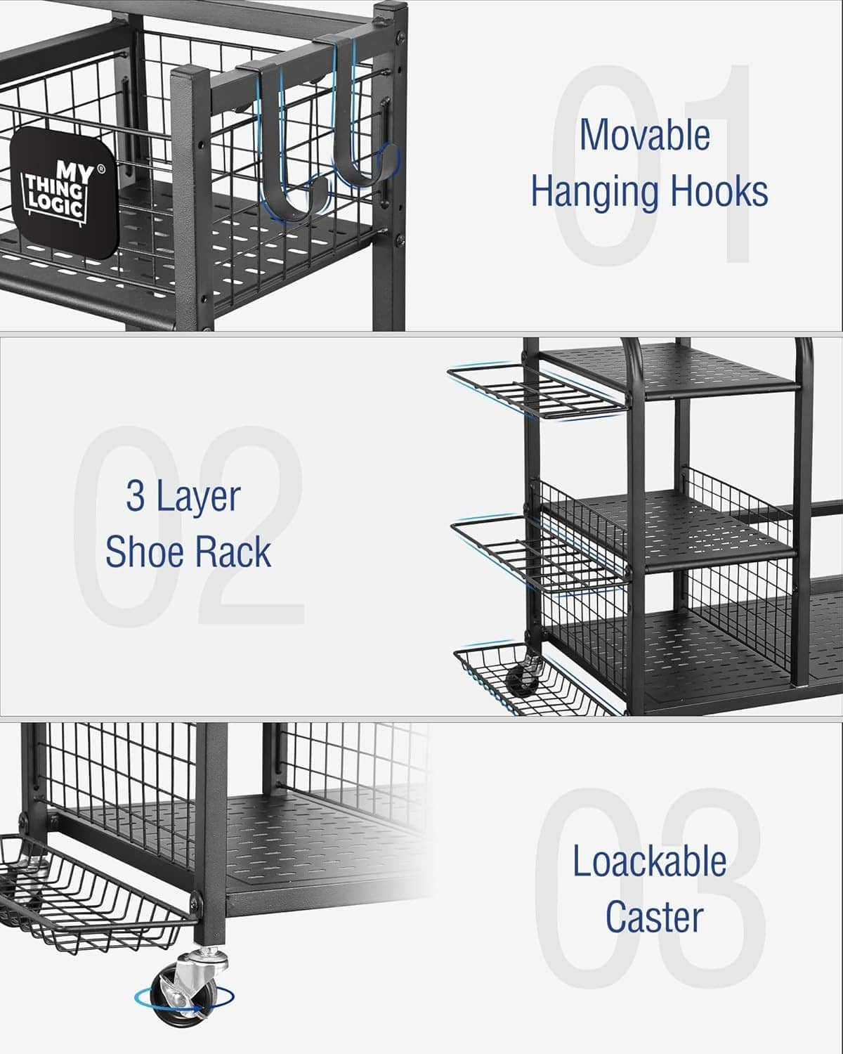 Golf storage rack with hanging hooks, 3-tier shoe shelf, and lockable caster wheels.