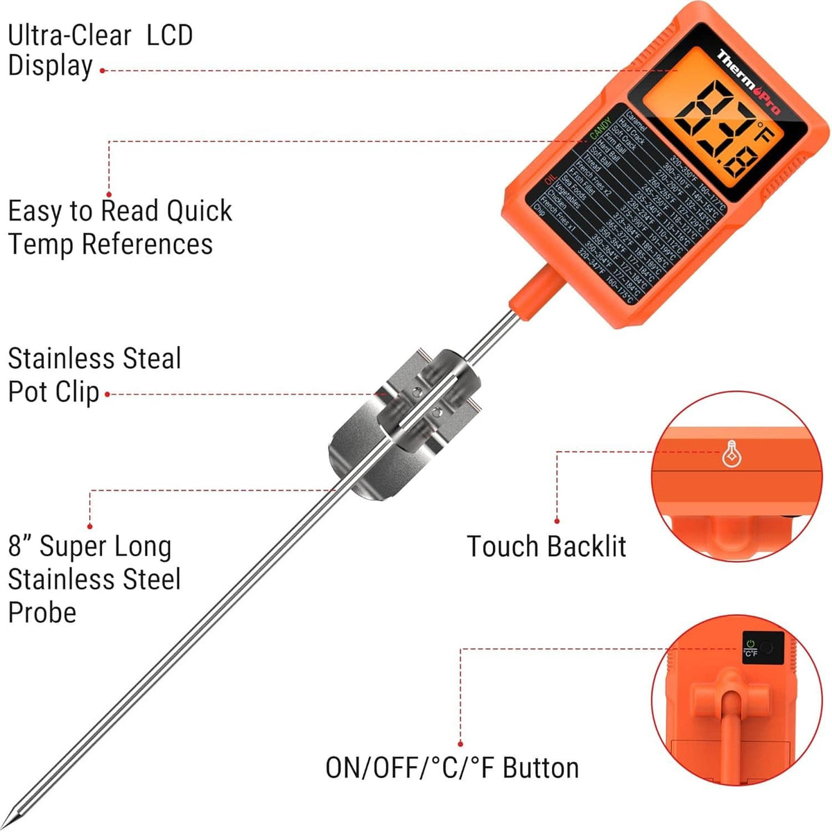 Orange digital thermometer with ultra-clear LCD, stainless probe, and touch backlight