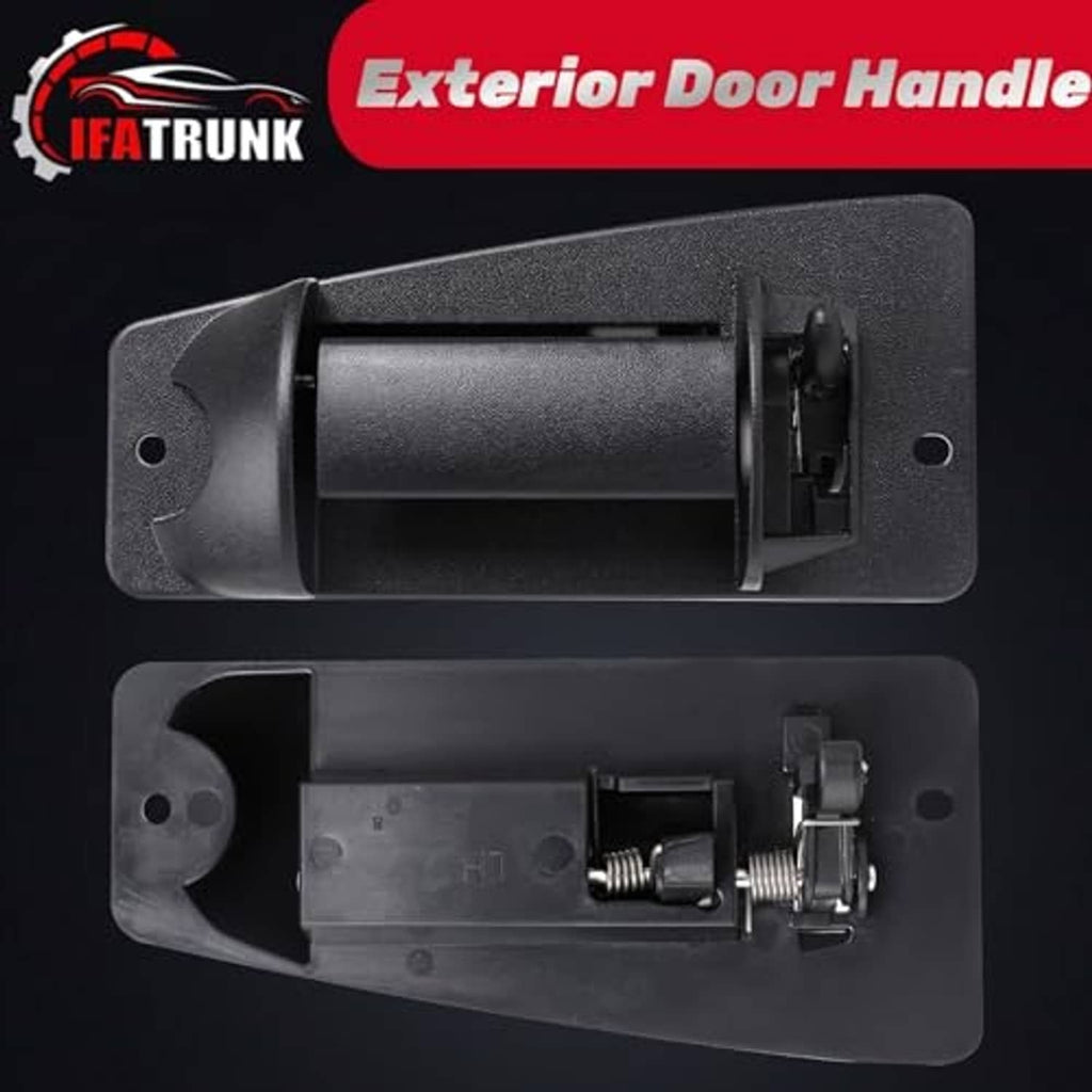 Textured black exterior door handle with rear plate and visible internal parts