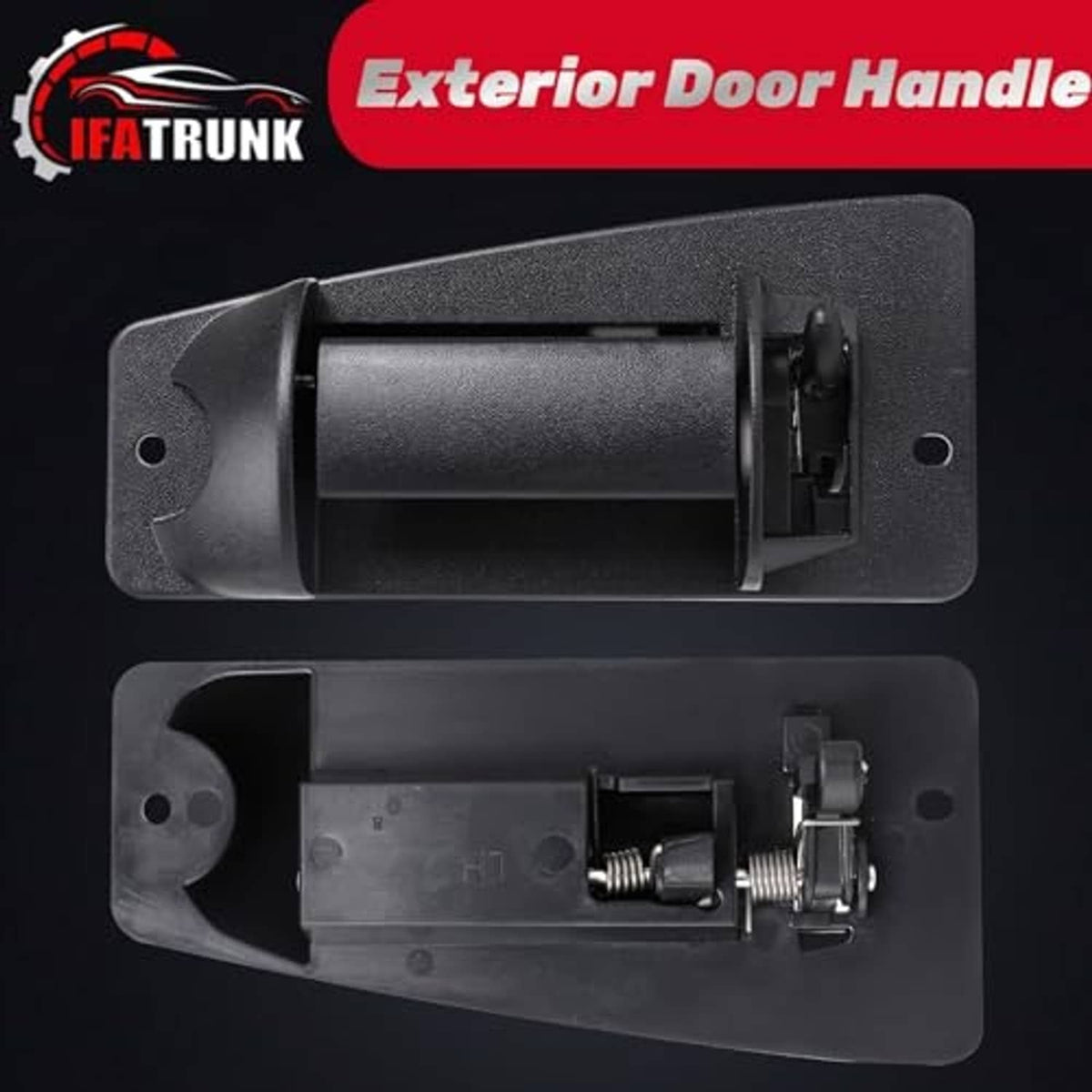 Textured black exterior door handle with rear plate and visible internal parts