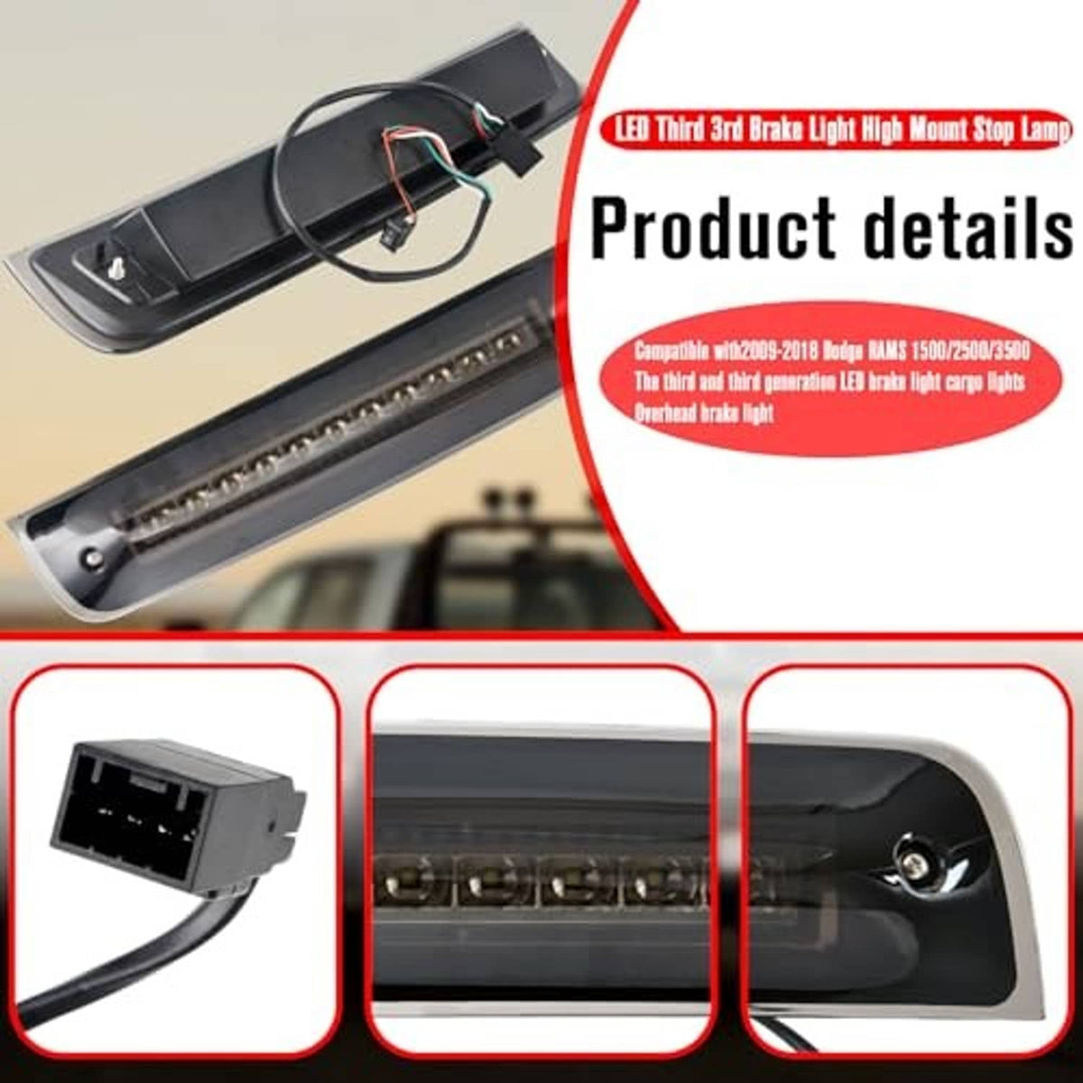 LED third brake light lamp with mounting bracket and wiring harness over LED strip