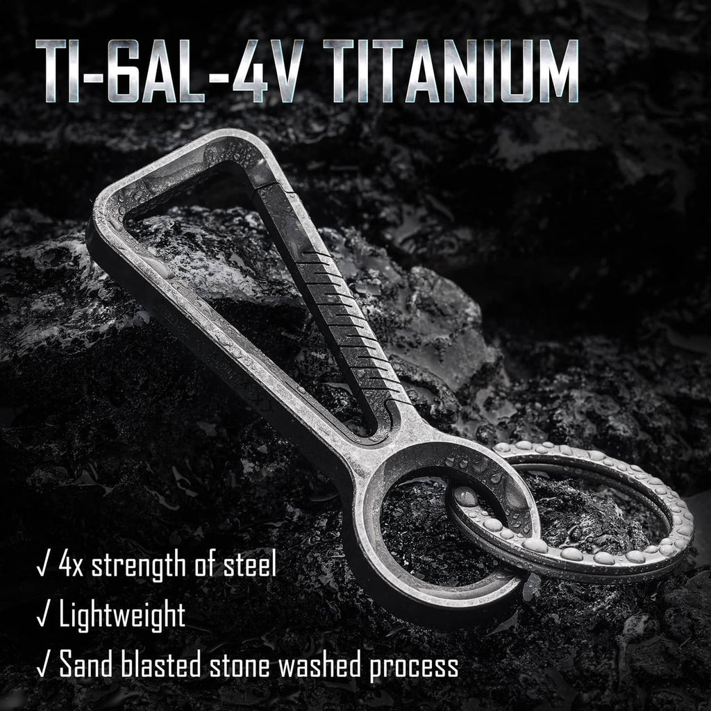 Titanium carabiner keychain clip with two key rings and textured metal finish