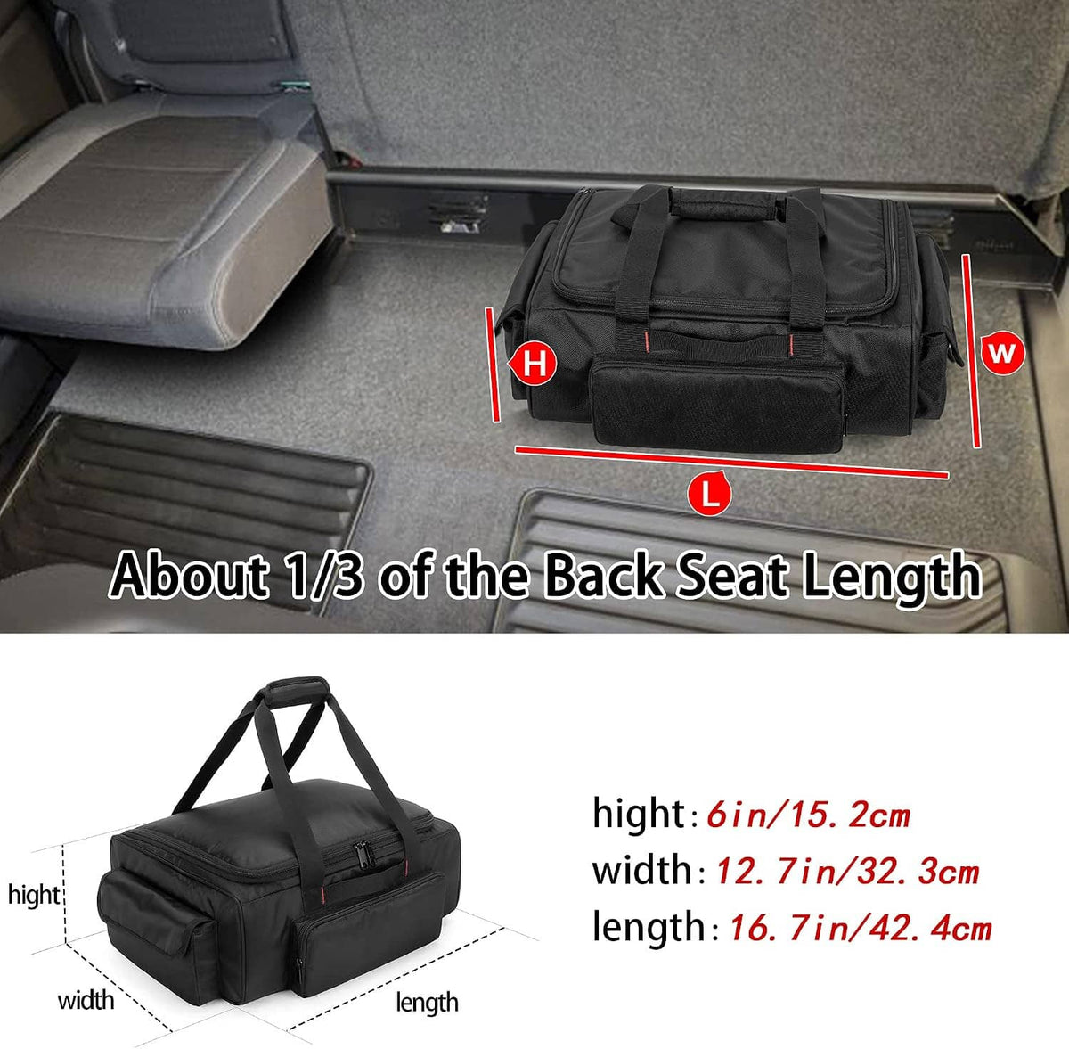 Black under-seat storage bag laid on truck floor with front zipper and handle straps