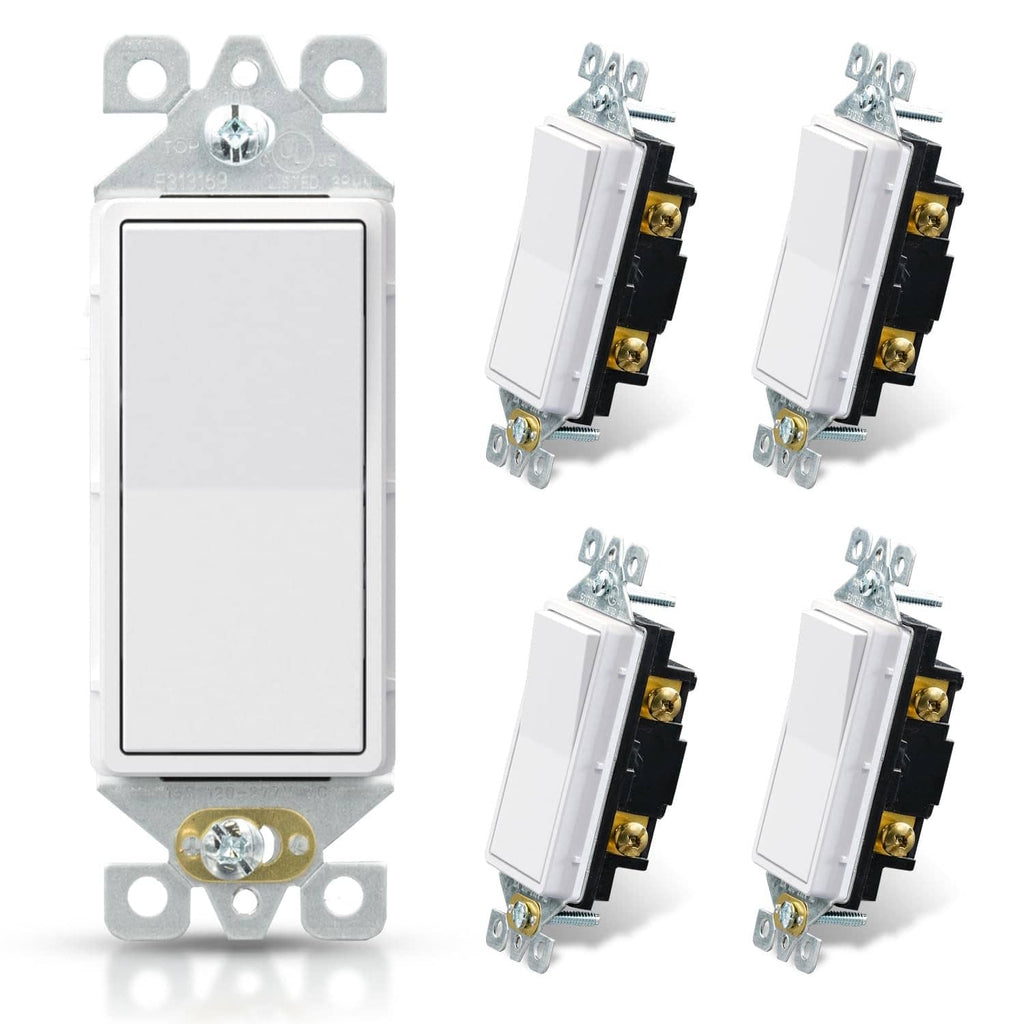 Matte white single-pole wall switch, no wall plate, front view with mounting bracket