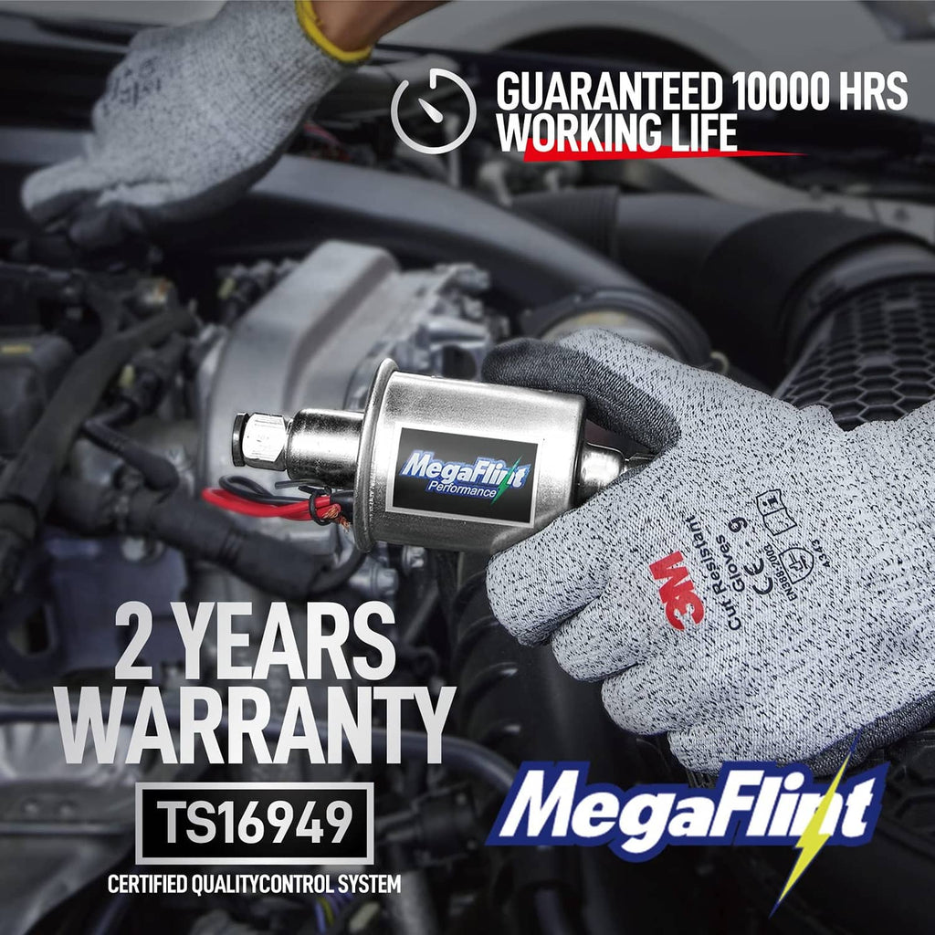 Electric inline fuel pump installed in engine bay with glove handling it