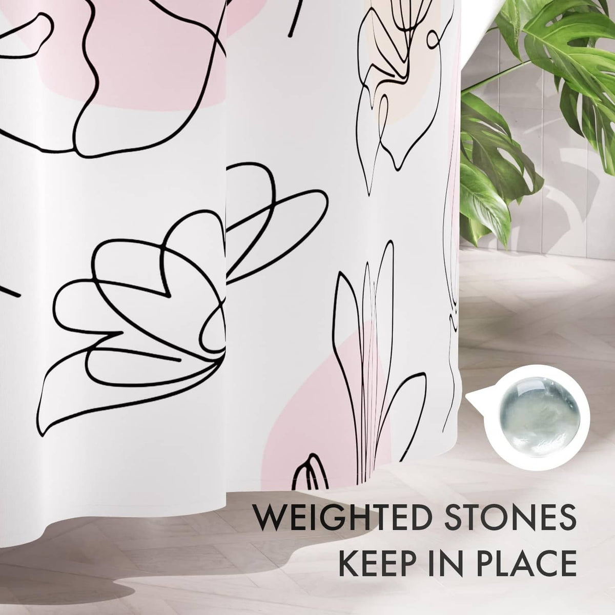 Floral line-art shower curtain panel in white with pink, green, and black blooms