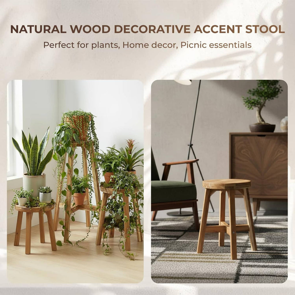 Natural wood acacia round decorative stool with crisscross support
