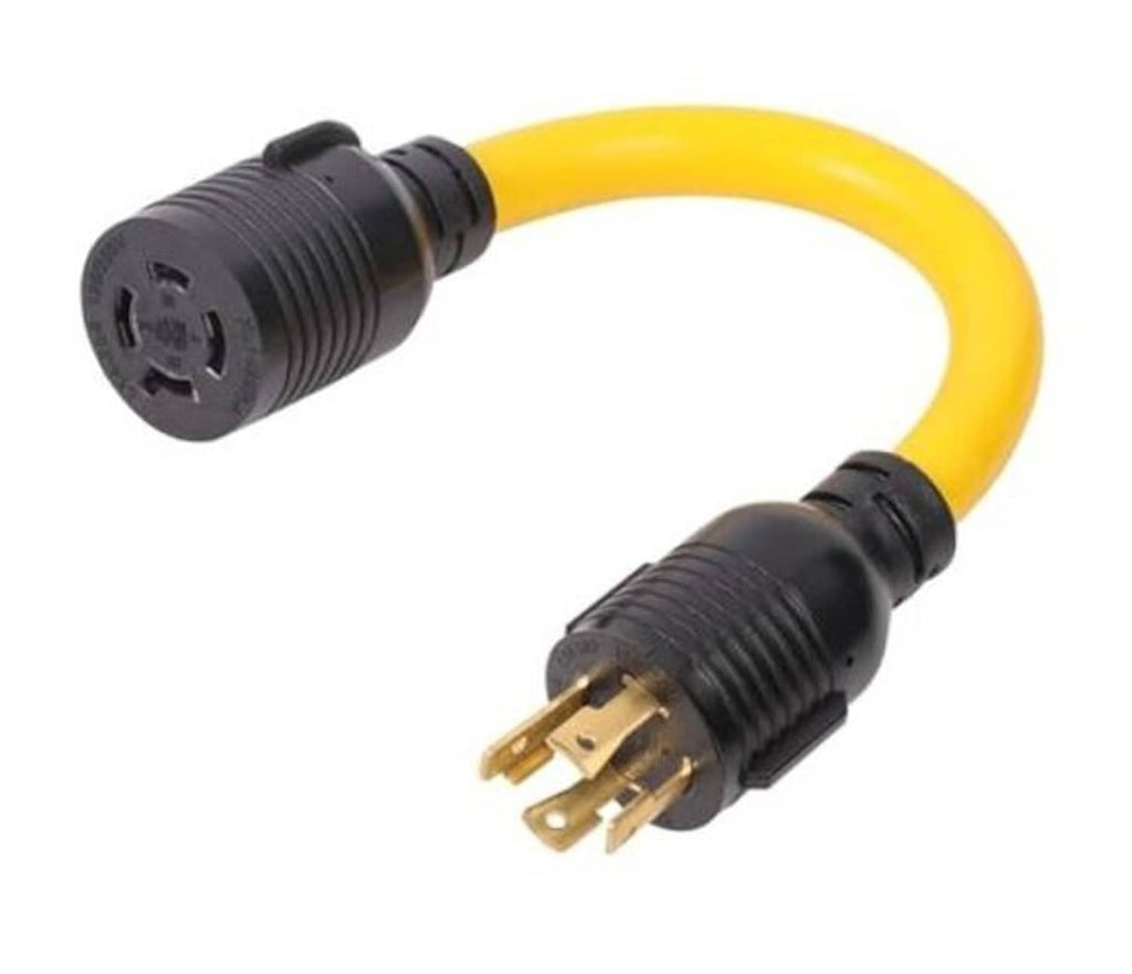 Twist-lock plug adapter cable with yellow cord, black L14-30P to L14-20R connectors